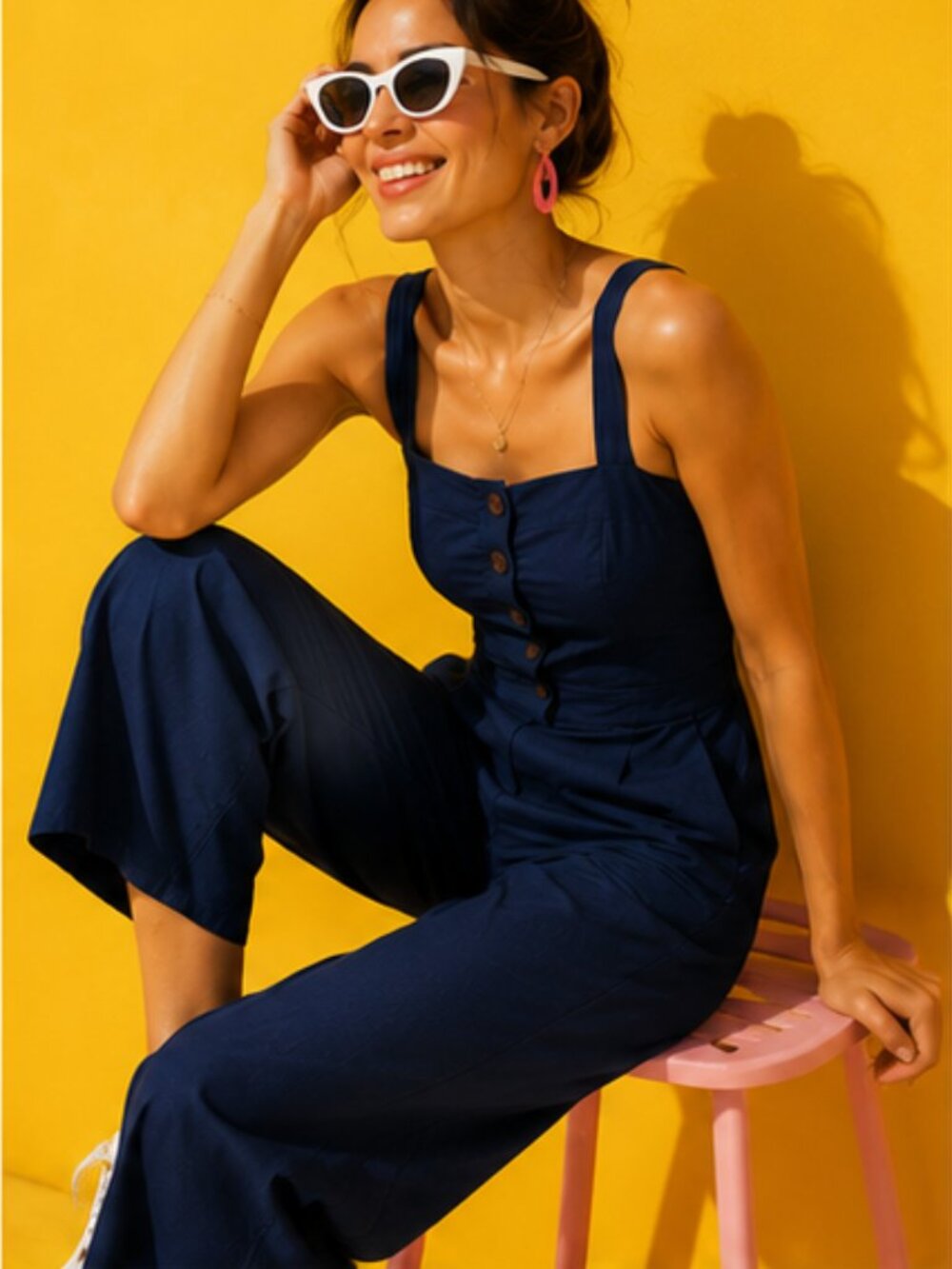 STAUD Boats At The Dock Button Up Deep Blue Jumpsuit